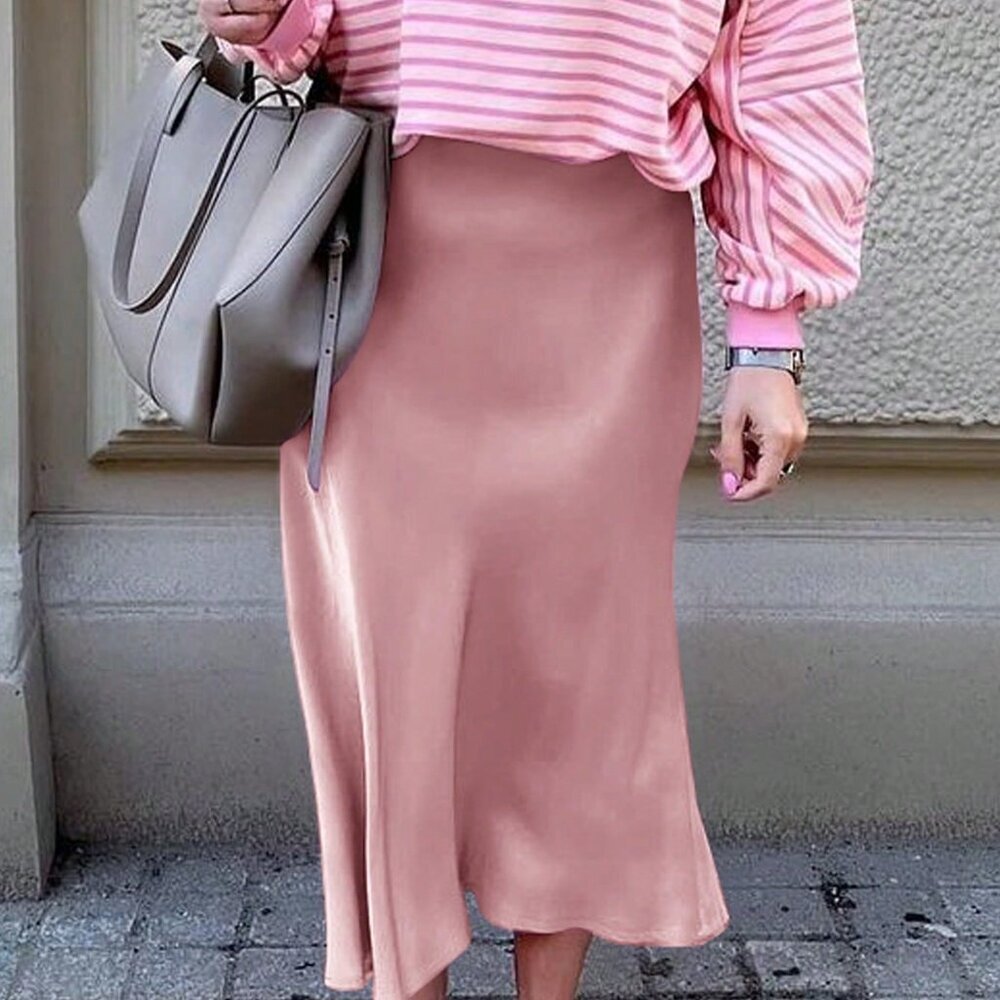 Pink Casual Women's Elastic High Waist Satin Zipper Back Mermaid Hem Skirt - Picture 3 of 5